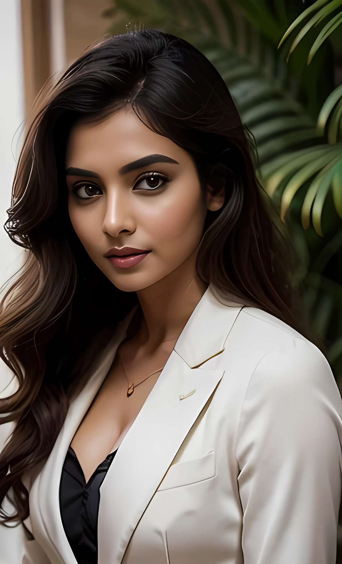 1 adult woman, beautiful Bollywood supermodel, big chest, longye hair, curly hair, black hair color, smooth skin, eyes browns, sorrido, vegetation, Occasional, Businesswoman style clothes, light brown blazer, realisitic, with background in a fancy restaurant, 8k super realisitic, super detalhado e realisitic, superb lighting, shining skin, white complexion, beautiful gorgeous face