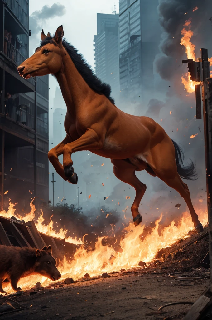 Amazon on fire with animals running away