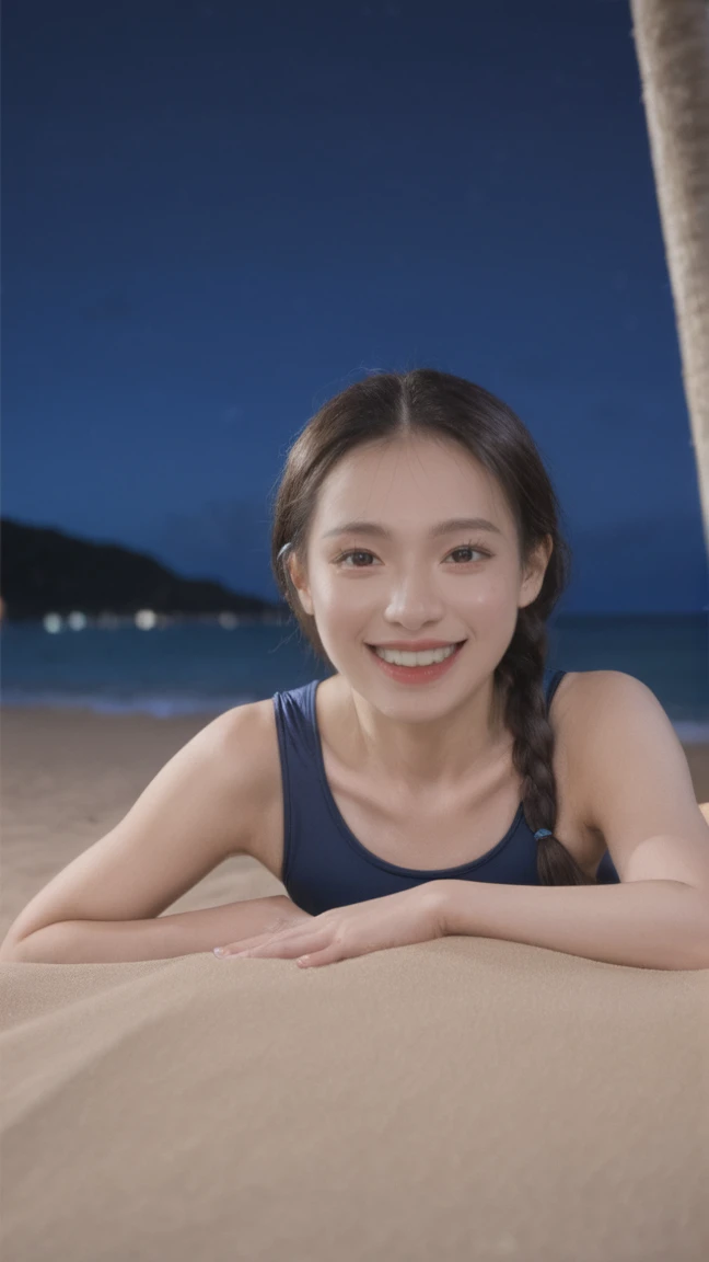 photorealistic,ultra ditail,1 girl,22 years old,low-braided long hair,(on stomach:1.1),seductive grin smug,(Diagonal composition:1.1),night sky,
beach,arenshiro,blue onepiece swimsuit,
