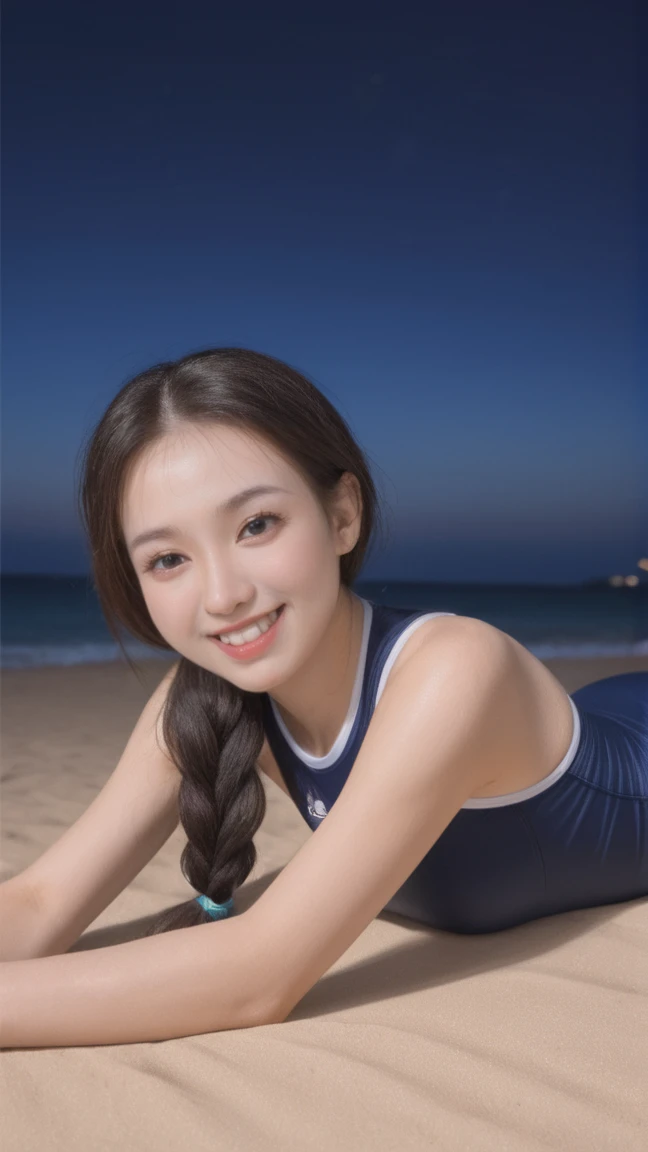 photorealistic,ultra ditail,1 girl,22 years old,low-braided long hair,(on stomach:1.1),seductive grin smug,(Diagonal composition:1.1),night sky,
beach,arenshiro,blue onepiece swimsuit,
