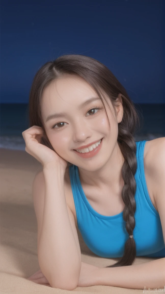 photorealistic,ultra ditail,1 girl,22 years old,low-braided long hair,(on stomach:1.1),seductive grin smug,(Diagonal composition:1.1),night sky,
beach,arenshiro,blue onepiece swimsuit,