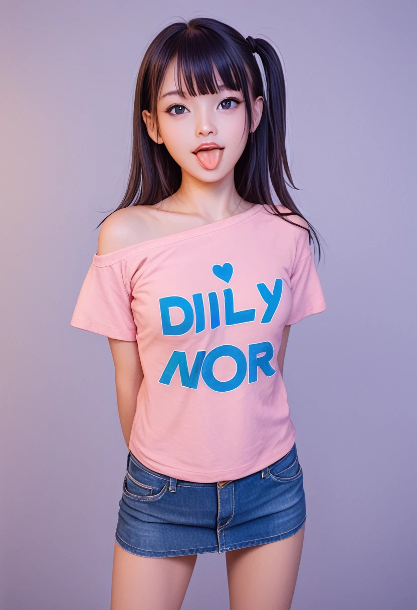 pastel colors colors t-shirt,off-shoulder look,bare shoulder,ollarbone,Tight denim mini skirt,(open mouth:1.5),(tongue out:2),standing,arms behind back,front view,cowboy shot,looking at viewer,(1girl,Beautiful 14 year old girl),((Slender,Small breasts,Small face,)),Black Hair,bangs,one side up,Beautiful and detailed,(Dimly lit room:1.5),Mischievous smile,Black simple background,Blue Weak々Illumination
