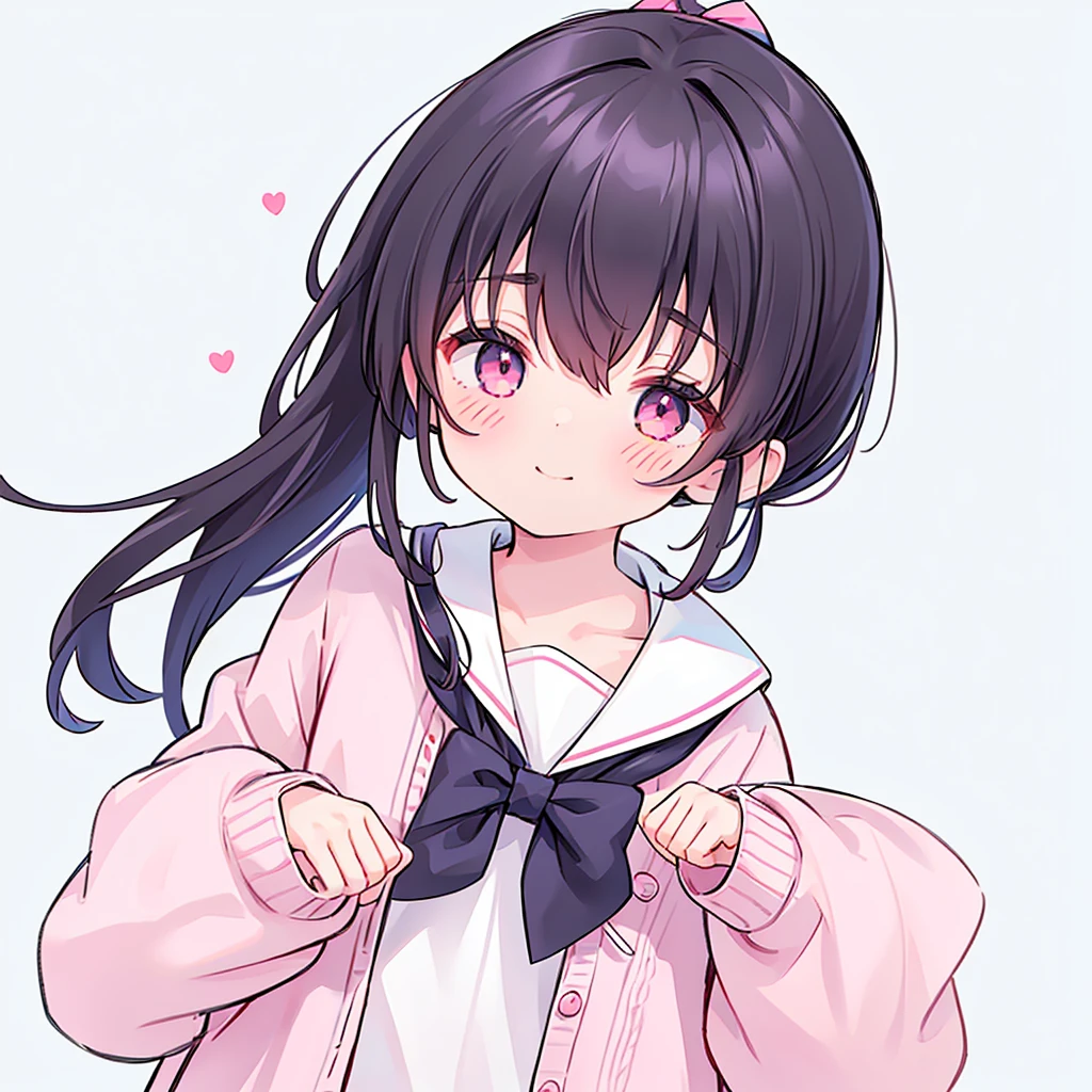 1girl, solo, v, pink cardigan, sailor collar, heart, sleeves past wrists, pink jacket, smile, bow, closed eyes, white sailor collar, solo, blush, ponytail, pink bow, pink sweater, hair bow, cardigan, long hair, closed mouth, medium breasts, long sleeves, bangs, black hair, upper body, white background, neckerchief, serafuku, , simple background, eyebrows visible through hair, facing viewer, shirt, collarbone, detailed, cute, uhd, high resolution 