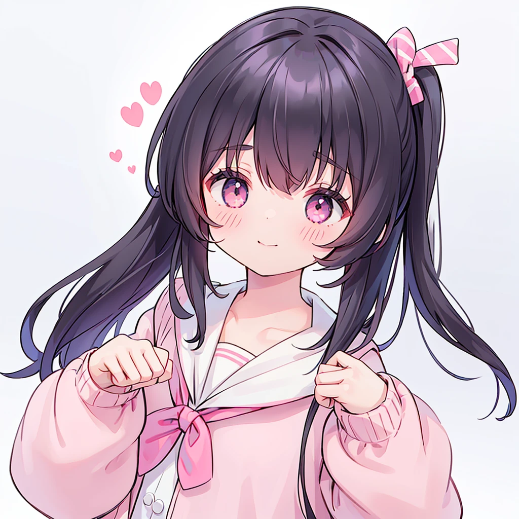 1girl, solo, v, pink cardigan, sailor collar, heart, sleeves past wrists, pink jacket, smile, bow, closed eyes, white sailor collar, solo, blush, ponytail, pink bow, pink sweater, hair bow, cardigan, long hair, closed mouth, medium breasts, long sleeves, bangs, black hair, upper body, white background, neckerchief, serafuku, , simple background, eyebrows visible through hair, facing viewer, shirt, collarbone, detailed, cute, uhd, high resolution