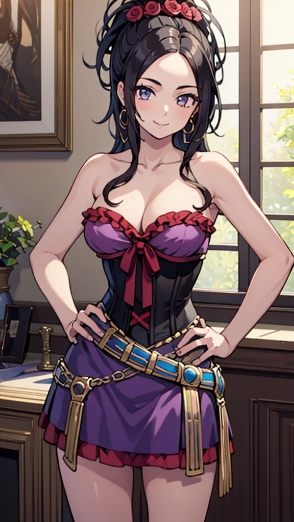 (masterpiece, best quality:1.2), solo, 1girl, smile, looking at viewer, hand on hip, purple shirt, strapless dress, corset, earrings, belt, cleavage
