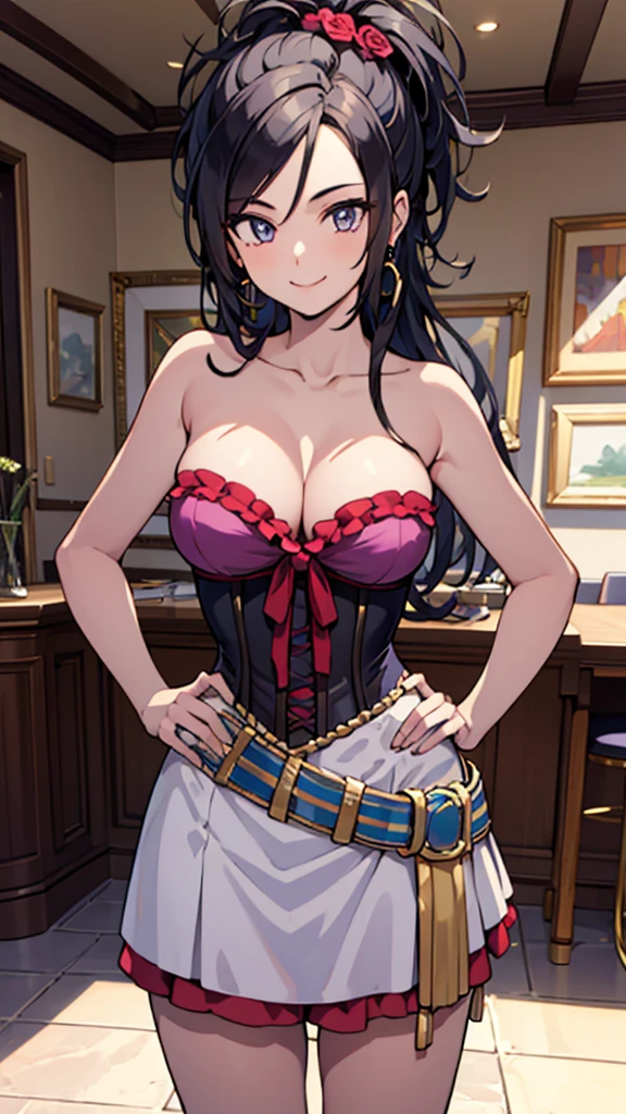 (masterpiece, best quality:1.2), solo, 1girl, smile, looking at viewer, hand on hip, purple shirt, strapless dress, corset, earrings, belt, cleavage