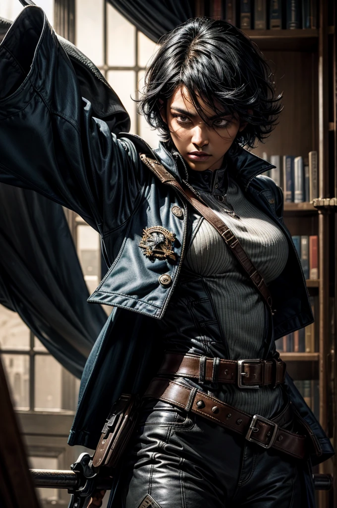 MariaCalavera, dark skin, black hair, short hair, silver eyes, military uniform, cowboy shot, (dynamic pose), standing in library (volumetric lighting), intricate details, tonemapping, sharp focus, hyper detailed