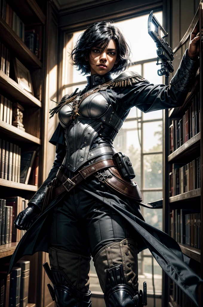 MariaCalavera, dark skin, black hair, short hair, silver eyes, military uniform, cowboy shot, (dynamic pose), standing in library (volumetric lighting), intricate details, tonemapping, sharp focus, hyper detailed