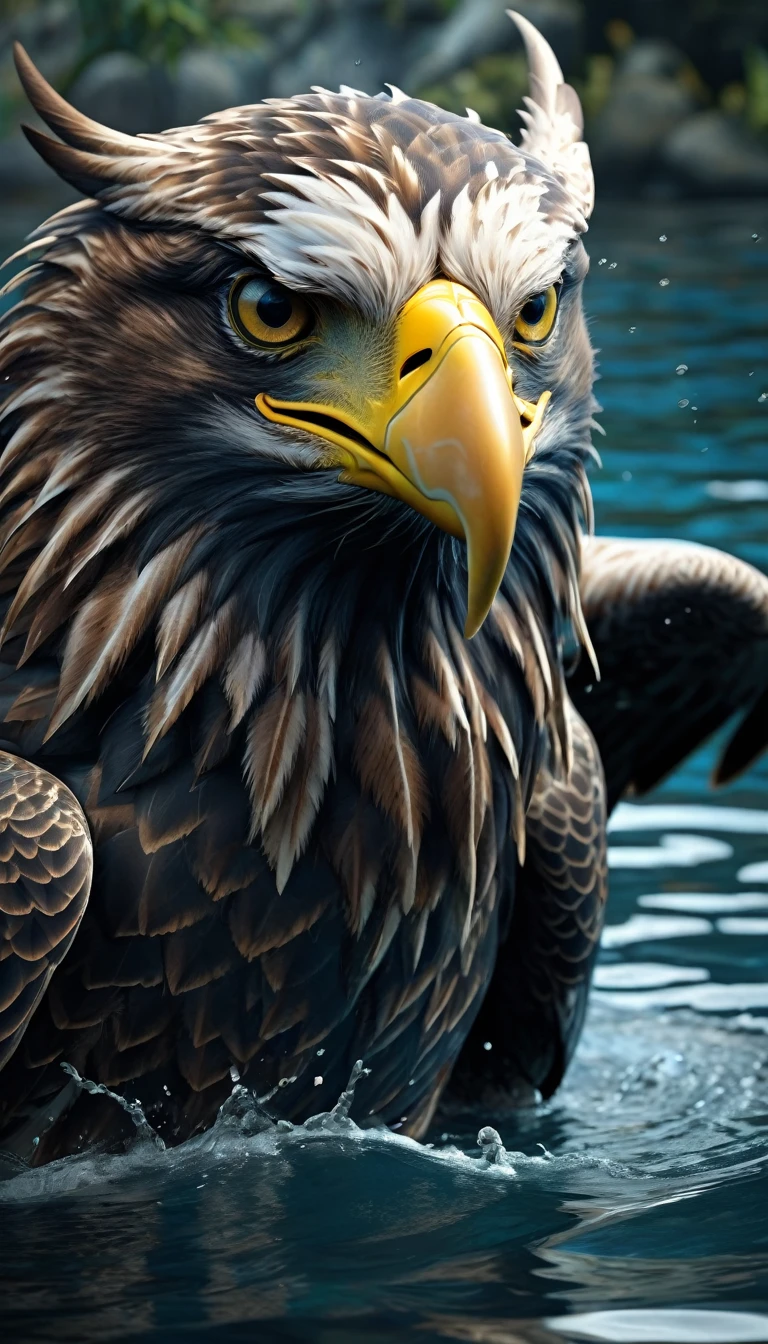 There is a beast in the water,Looks like an eagle,The head has double horns(best quality,4K,8K,High level,masterpiece:1.2),Ultra Detailed,(lifelike,Photo real,Photo real:1.37),Highly detailed animals,Complex patterns,Realistic lighting,Fantasy Creatures