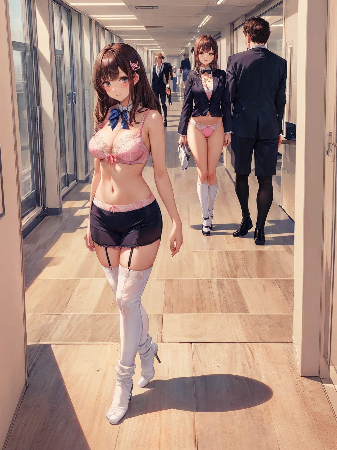 ((二人のIn underwearの女性はセクシーにOffice corridorを歩いている:1.4), Beautiful Anime Women, Beautiful art style, Anime characters, ((Smooth texture, Realistic texture, Anime CG Style)), ((Highest quality)), (Very detailed), (Very detailed CG 統合 8k 壁紙), Very detailed, High-resolution RAW color photos, Professional photography, Brown Hair, Stylish hairstyle, Great face and eyes, Beautiful and large breasts, Slender body, (Stunningly beautiful woman), (Detailed face:1.2),(Office corridor, Many business people walking down the corridor, There is a window in the hallway:1.3), ((Bow tie around neck, High heels:1.3), (Employee ID card worn around the neck:1.3), (Sexy and cute white underwear, Sexy and cute pink underwear:1.3), (Stylish shiny satin panties, Side-tie panties, Panties with a plain center and lace decoration on the sides:1.3), (Thin panties with ribbon:1.3), (Micro lace satin bra, Lace-trimmed bra, Thin bra:1.3), (garter belt, Garter Strings, Knee socks:1.3):1.3), naked, In underwear, In underwearのオフィスレディ, Exact number of arms, Exact number of legs, Perfect Anatomy, (Embarrassed expression, Surprised expression), Angle from the front, Exact finger count、Exact number of legs、(Exact number of arms:1.0, Exact number of hands:1.0), (Perfect hands, Perfect Anatomy)
