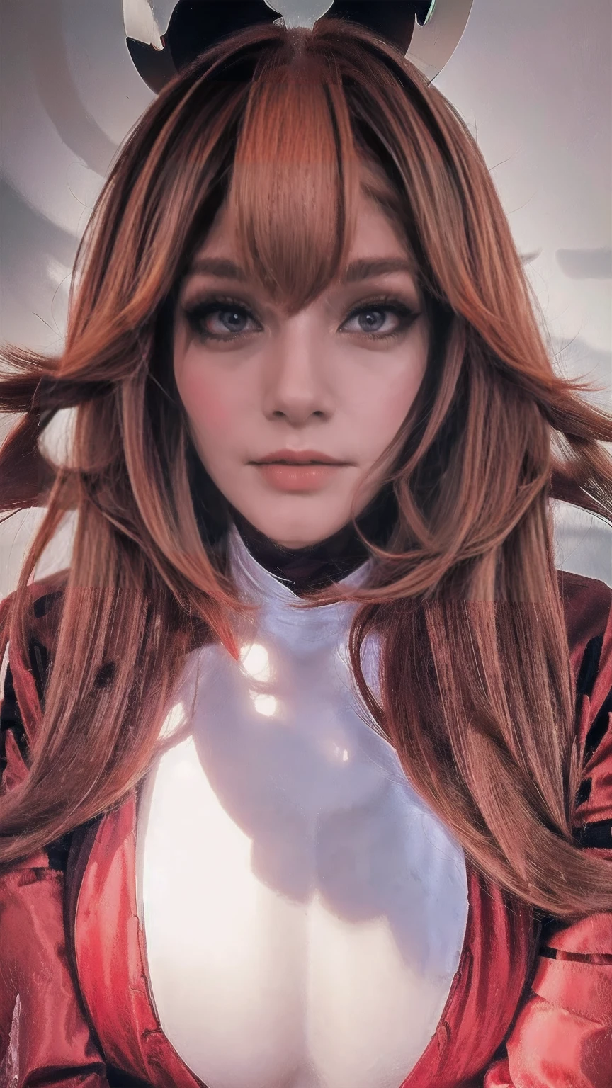 Beautiful long hairs anime girl in red dress cut face face makeup pulp lips,big breasts 