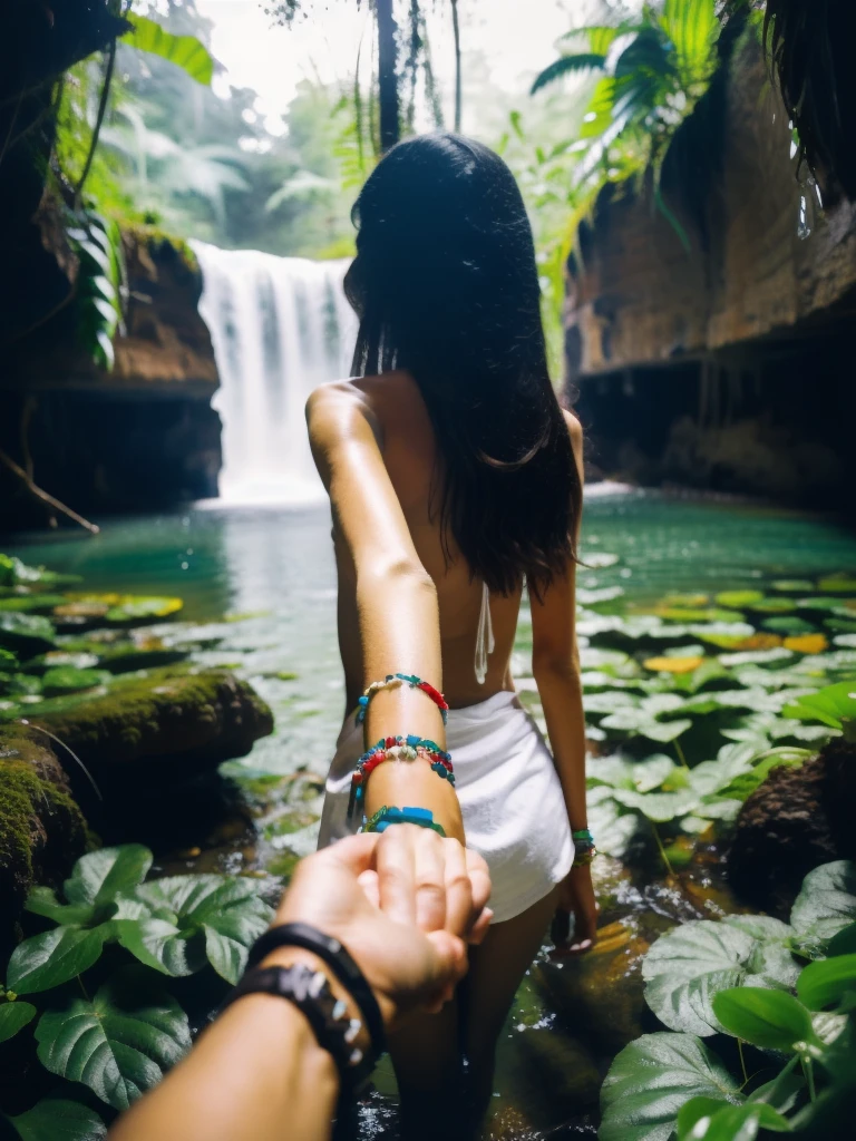 bf_holding_hands,  walking in waterfall in dense jungle with topless tribe, rainbow, 
detailed,8k, detailed shadow, 1 botomless girl, long hair, black hair, white transparent shirt, jewelry ,(masterpiece,best quality),
