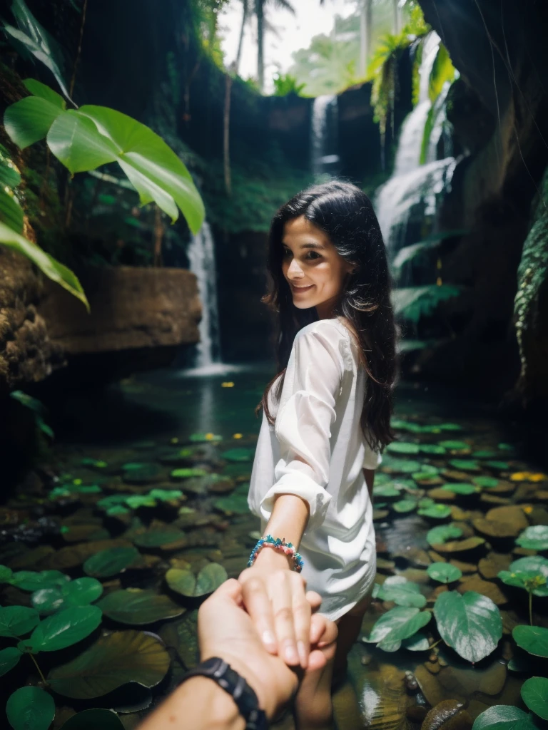 bf_holding_hands, walking in waterfall in dense jungle with topless tribe, rainbow,
detailed,8k, detailed shadow, 1 botomless girl, long hair, black hair, white transparent shirt, jewelry ,(masterpiece,best quality),