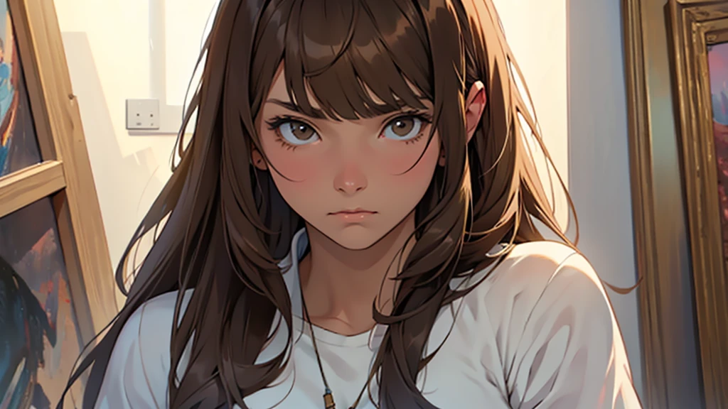 ((best quality)), ((work of art)), ((detailed)), woman, long brown hair with bangs, sad expression