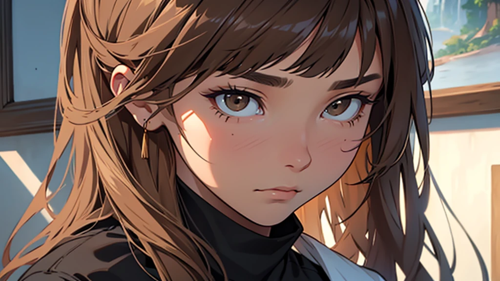 ((best quality)), ((work of art)), ((detailed)), woman, long brown hair with bangs, sad expression