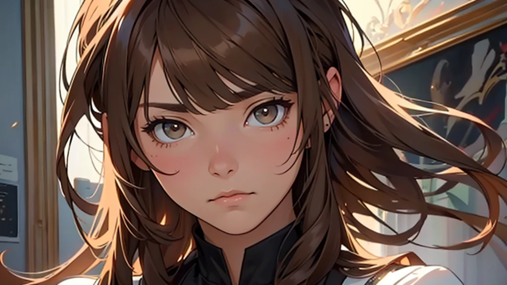 ((best quality)), ((work of art)), ((detailed)), woman, long brown hair with bangs, sad expression
