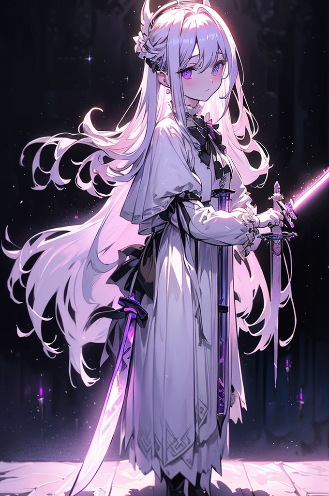 white gothic ta angel of punishment, long white hair, purple eyes, 4 wings, (((((holding a longsword))))), mature, slim, tall, (best quality,4K,8K,mackerel,masterpiece:1.2),very detailed,(realistic,photorealistic,photo-realistic:1.37),intricate details,Contrast lighting,cinematic lighting,dramatic shadows,surreal,mysterious,ethereal