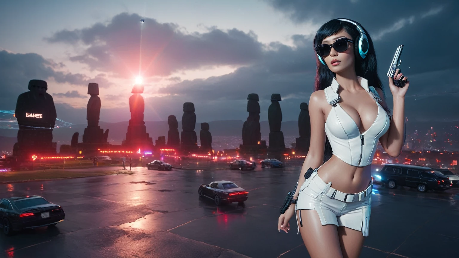 At night, dark sky, distant shot aerial view of fantasy cyberpunk style ice ((Moai-statue)) city, ((flying car)). ((1girl, solo, alone)), medium-breast:1.1 slim body, cleavage, sexy clothes, (headphone, black sunglasses, long black realistic hair), (((hip-up standing and holding pistol))), (((((half-body thigh level medium shot))))), cinematic lighting, lens flare, ray tracing.