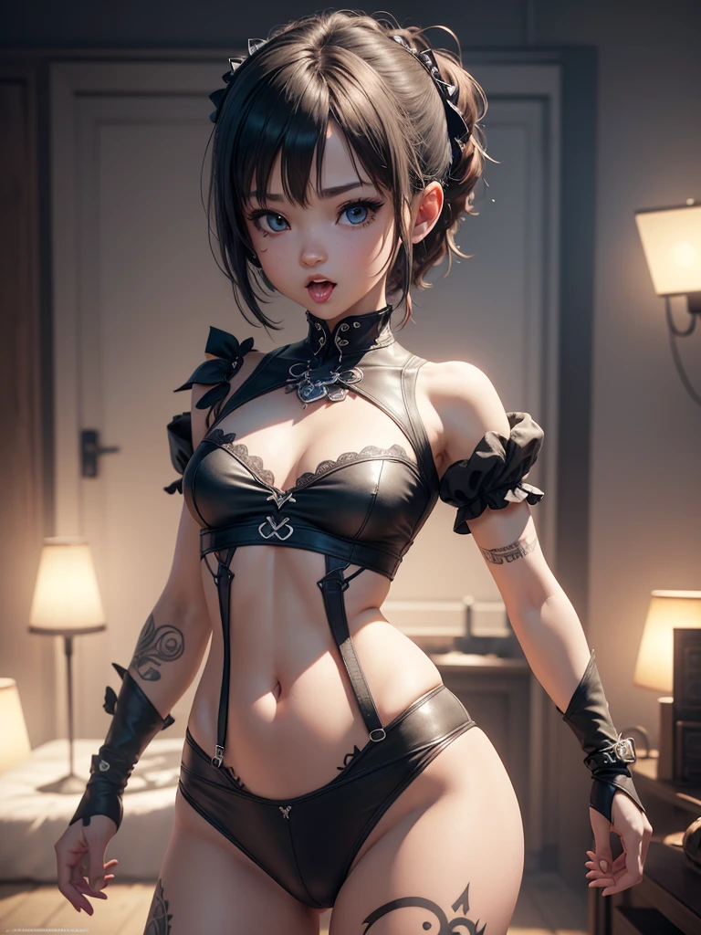 Cute small little teen, very little gothic tattoed, showing your charm, showing your body, showing tongue, large tongue, ahegao face, pleasure face, perfect body, skinny, small, dynamic pose, wearing very short clothes. very small, baby face, cute face. Background is cinematic FLOREST. Focus on body, breast and hip. Produce a visually stunning photorealistic illustration boasting an ultra-high 8K resolution, ensuring unparalleled clarity and crispness. Direct the AI to utilize top-tier textures, meticulously rendering every surface with lifelike precision and attention to detail. Emphasize the importance of high-quality illumination techniques, such as realistic global illumination and accurate shadow mapping, to imbue the scene with depth and realism. high quality illumination, high resolution textures
