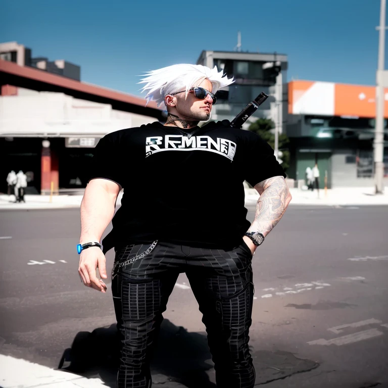 arafed man with white hair and sunglasses standing on a street corner, wearing netrunner clothing, wearing urban techwear, he is wearing a black t-shirt, wearing cyberpunk streetwear, style of jordan grimmer, simetrical medium shot, hip emo fashion, in the style jordan grimmer, inspired by Alexey Merinov