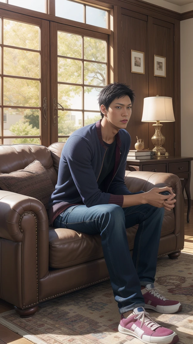 realistic photo of handsome aomine daiki ,living room