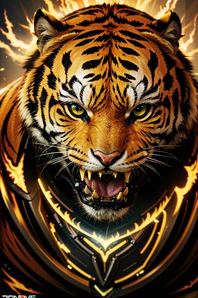 Design a vibrant 3D gaming logo: a fierce yellow monster tiger with a captivating glow. Place “MASS” in bold white at the center, radiating intensity, and position “Gaming” below for a luminous touch. Convey power and excitement in a dynamic visual.