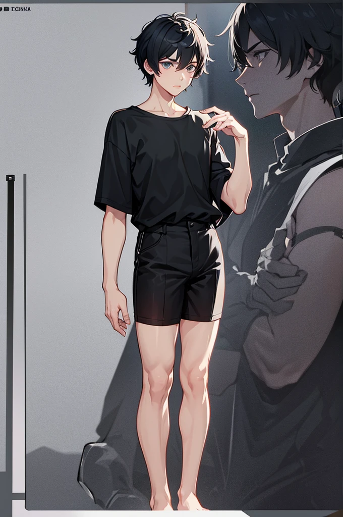 male character design sheet, short twink feminen boy, wearing , black straight short hair, reserved and introspective