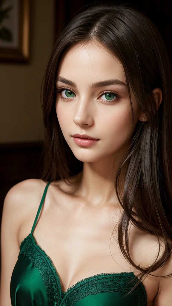 Portrait of a European woman with a meticulously attractive and gentle face. She has an oval face with seductive green eyes, slightly widened to enhance her allure. Her eyes convey a gentle, slightly melancholic expression. Her long, straight hair is dyed in a vibrant shade of green, elegantly framing her face in a frontal view. Her complexion is subtle and pale, harmonizing with her symmetrical features. She exudes a serene charm, dressed in a seductive silk nightgown