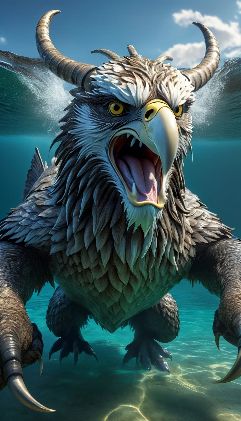 Panorama,There is a beast in the water,Looks like an eagle,The head has double horns(best quality,4K,8K,High level,masterpiece:1.2),Ultra Detailed,(lifelike,Photo real,Photo real:1.37),Highly detailed animals,Complex patterns,Realistic lighting,Fantasy Creatures