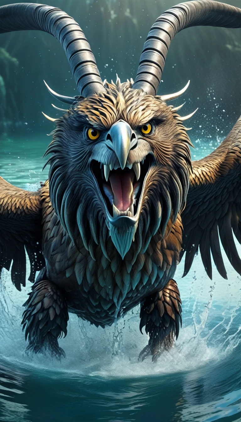 Panorama,There is a beast in the water,Looks like an eagle,The head has double horns(best quality,4K,8K,High level,masterpiece:1.2),Ultra Detailed,(lifelike,Photo real,Photo real:1.37),Highly detailed animals,Complex patterns,Realistic lighting,Fantasy Creatures