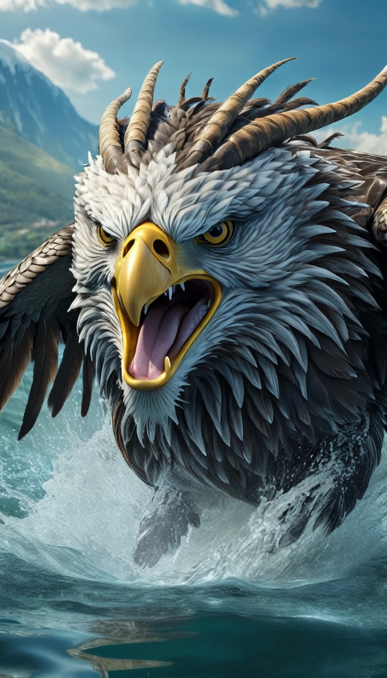 Panorama,There is a beast in the water,Looks like an eagle,The head has double horns(best quality,4K,8K,High level,masterpiece:1.2),Ultra Detailed,(lifelike,Photo real,Photo real:1.37),Highly detailed animals,Complex patterns,Realistic lighting,Fantasy Creatures