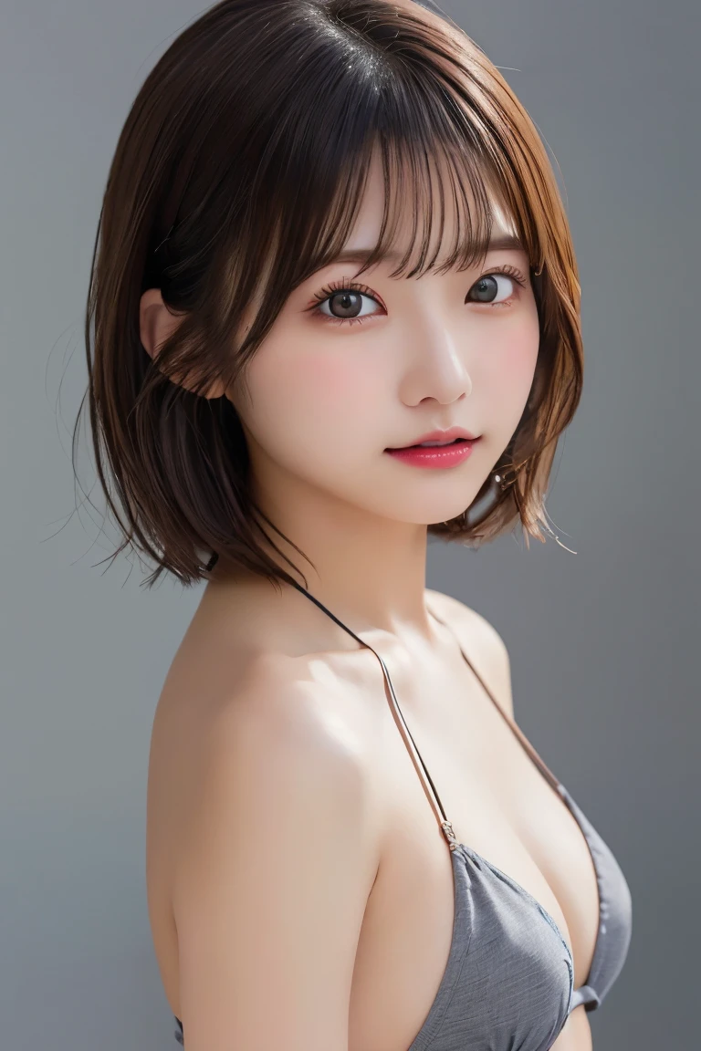 (8K.Highest quality), (beautiful)、Very delicate eyes、Brown eyes、22-year-old female、Brown Hair、looking at the camera、Semi-short hair、Gal、Soft boobs、Upper Body、Fancy Micro Bikini、Natural lips、Gray background、Facing forward