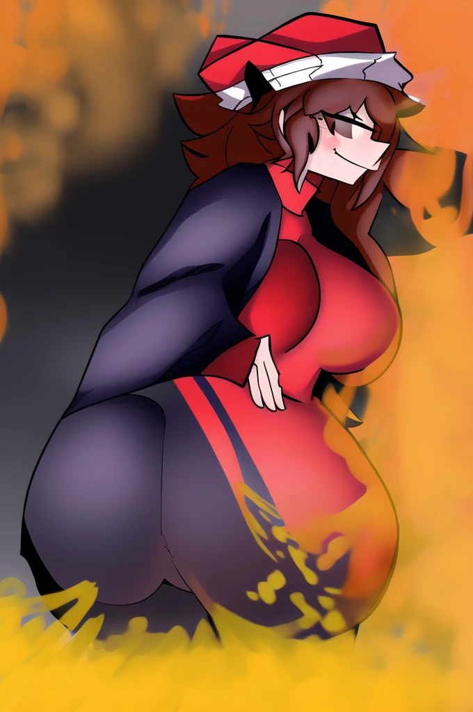 HypnoLullabyGF, 1girl, hat, solo, brown hair, jacket, red headwear, pants, smile, red shirt, black eyes, open mouth, black jacket, large breasts, large butt very long hair , facing away from camera