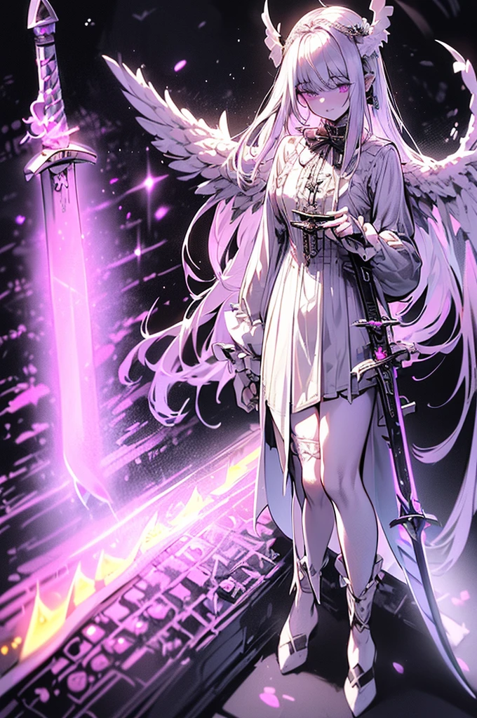 white gothic lolita angel of punishment, long white hair, purple eyes, 4 wings, (((((holding a longsword))))), mature, slim, tall, (best quality,4K,8K,mackerel,masterpiece:1.2),very detailed,(realistic,photorealistic,photo-realistic:1.37),intricate details,Contrast lighting,cinematic lighting,dramatic shadows,surreal,mysterious,ethereal,dark fantasy