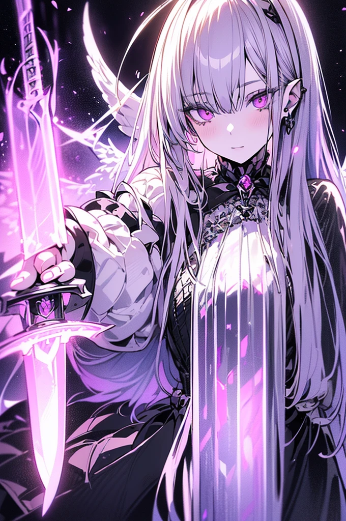 white gothic lolita angel of punishment, long white hair, purple eyes, 4 wings, (((((holding a longsword))))), mature, slim, tall, (best quality,4K,8K,mackerel,masterpiece:1.2),very detailed,(realistic,photorealistic,photo-realistic:1.37),intricate details,Contrast lighting,cinematic lighting,dramatic shadows,surreal,mysterious,ethereal,dark fantasy