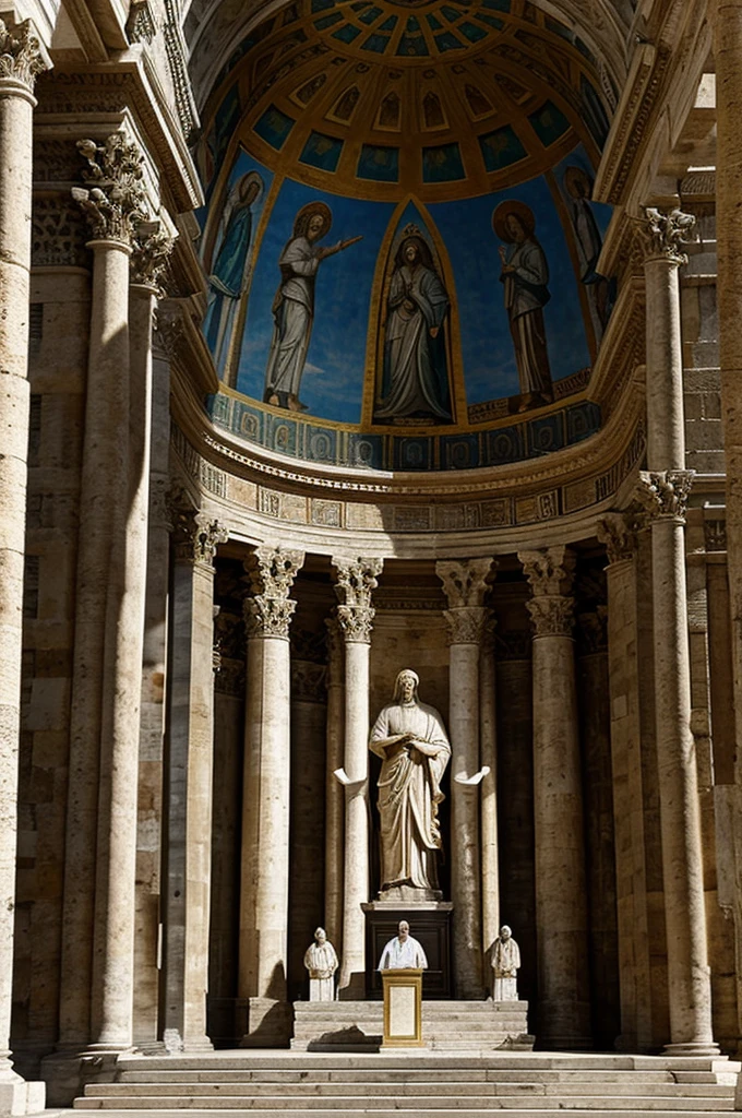 generate image of = Antichrist in the middle and the false prophet in the left and vatican pop in the right standing in the 3rd temple of Jerusalem