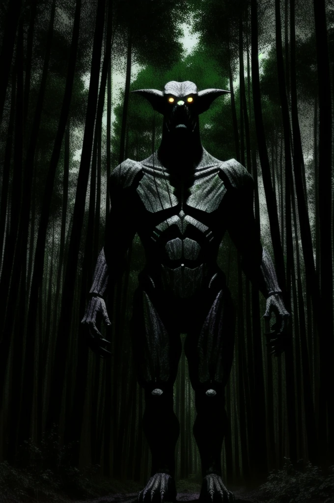 Faceless humanoid monster, standing in the dark forest