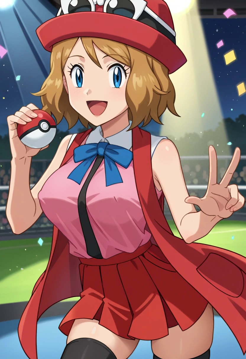 score_9, score_8_up, score_7_up, source_anime, anime screencap, anime coloring, rating_safe, BREAK serena \(pokemon\), 1girl, blue eyes, eyelashes, short hair, blonde hair, hat, neck ribbon, blue ribbon, pink shirt, sleeveless, bare arms, red jacket, pink micro skirt, white lace thong, black thighhighs, hand up, smile, happy, open mouth, holding poke ball, light particles, light rays, dutch angle, aura, backlighting, confetti, light particles, light rays, stage, stage lights, spot light, large breasts, erect nipples, skintight, PokemonStyle, pokemon \(anime\)