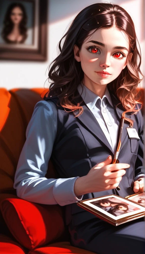 A young teen royal, long brown wavy hair, sitting on a sofa elegantly, red eyes, facing forward, emotionless expression, confident, detailed hands, (best quality, 4k, 8k, highres, masterpiece:1.2), ultra-detailed, (realistic, photorealistic, photo-realistic:1.37), HDR, UHD, studio lighting, ultra-fine painting, sharp focus, physically-based rendering, extreme detail description, professional, vivid colors, bokeh, portrait, digital painting