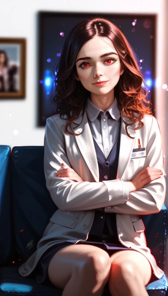 A young teen royal, long brown wavy hair, sitting on a sofa elegantly, red eyes, facing forward, emotionless expression, confident, detailed hands, (best quality, 4k, 8k, highres, masterpiece:1.2), ultra-detailed, (realistic, photorealistic, photo-realistic:1.37), HDR, UHD, studio lighting, ultra-fine painting, sharp focus, physically-based rendering, extreme detail description, professional, vivid colors, bokeh, portrait, digital painting