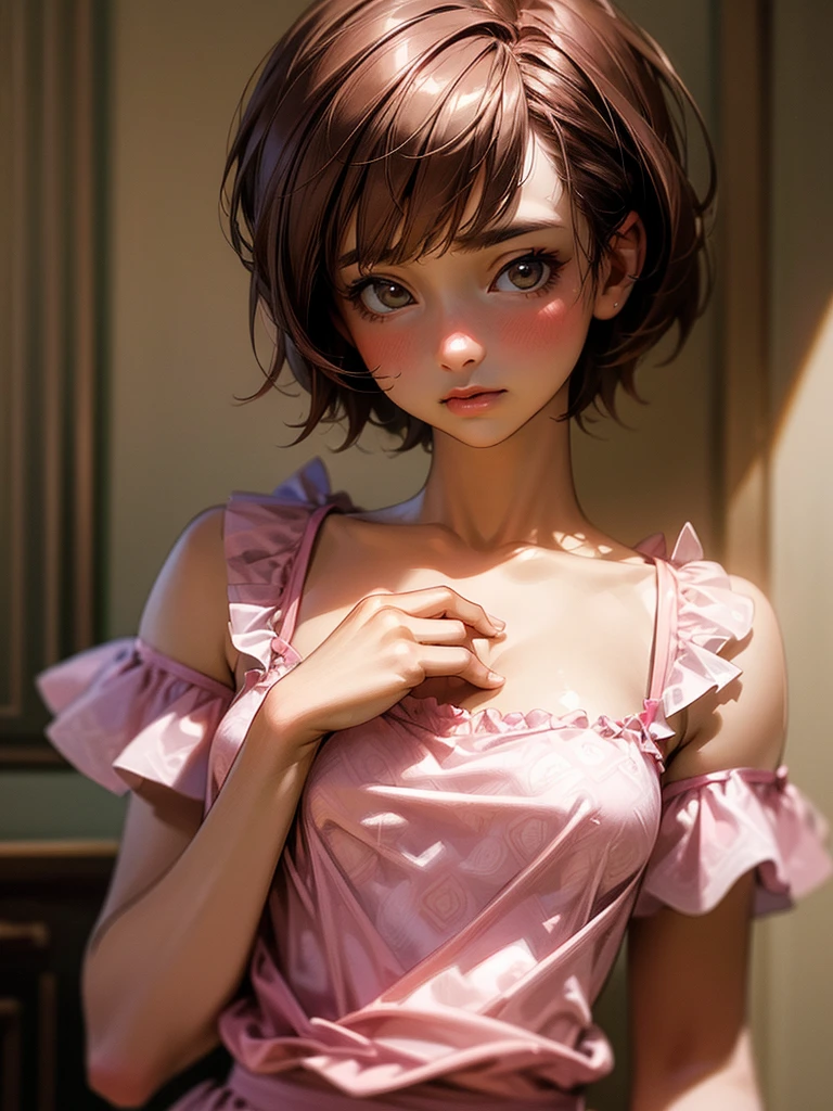 ((masterpiece)), ((Highest quality)), (Professional photography), (Photorealistic:1.3), Cinematic lighting, Lift your chest with both hands, Pink patterned camisole with ruffles, Upper body close-up, Girl with brown bob hair, Medium Chest, Chest is open, blur background, Her Room,