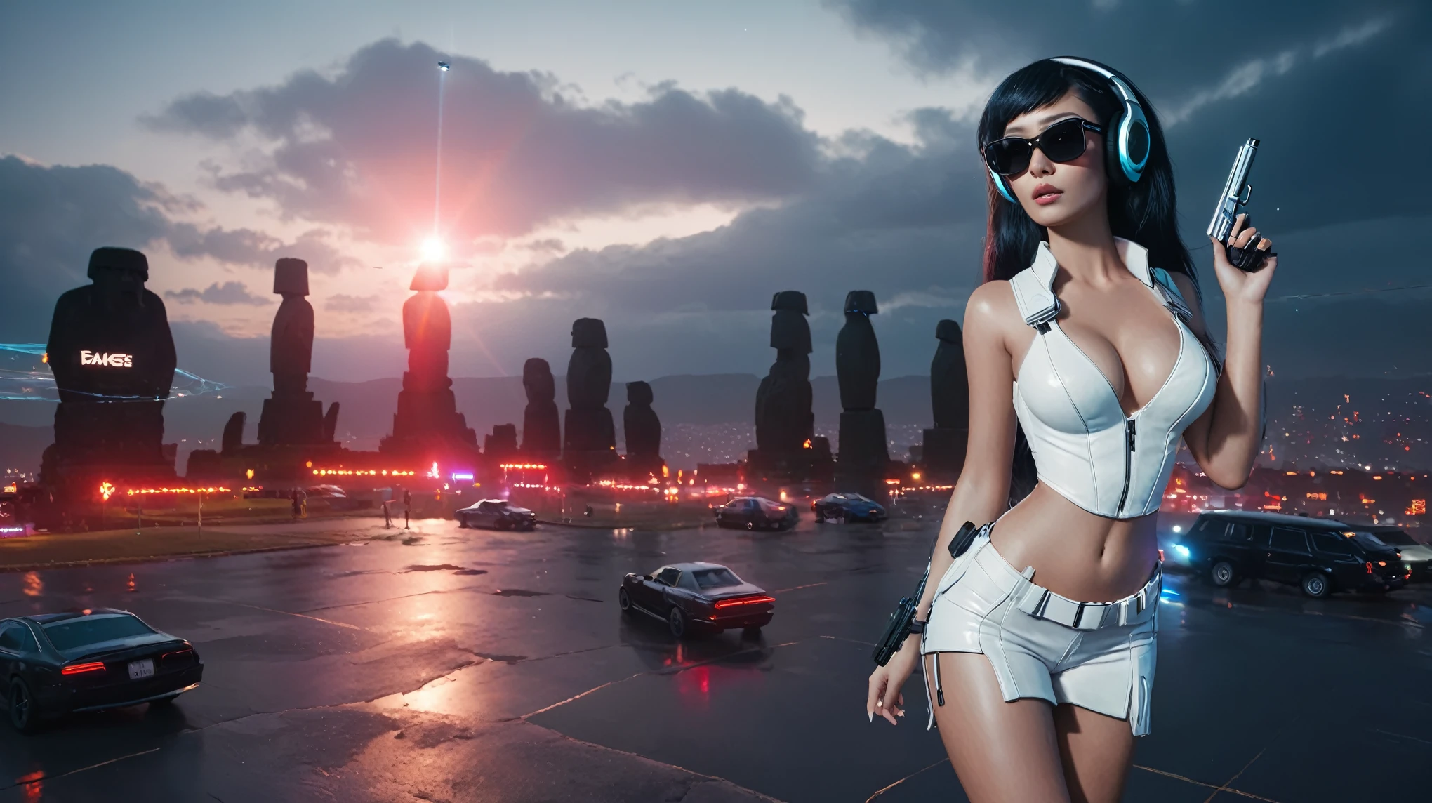 At night, dark sky, distant shot aerial view of fantasy cyberpunk style ice ((Moai-statue)) city, ((flying car)). ((1girl, solo, alone)), medium-breast:1.1 slim body, cleavage, sexy clothes, (headphone, black sunglasses, long black realistic hair), (((hip-up standing and holding pistol))), (((((half-body thigh level medium shot))))), cinematic lighting, lens flare, ray tracing.