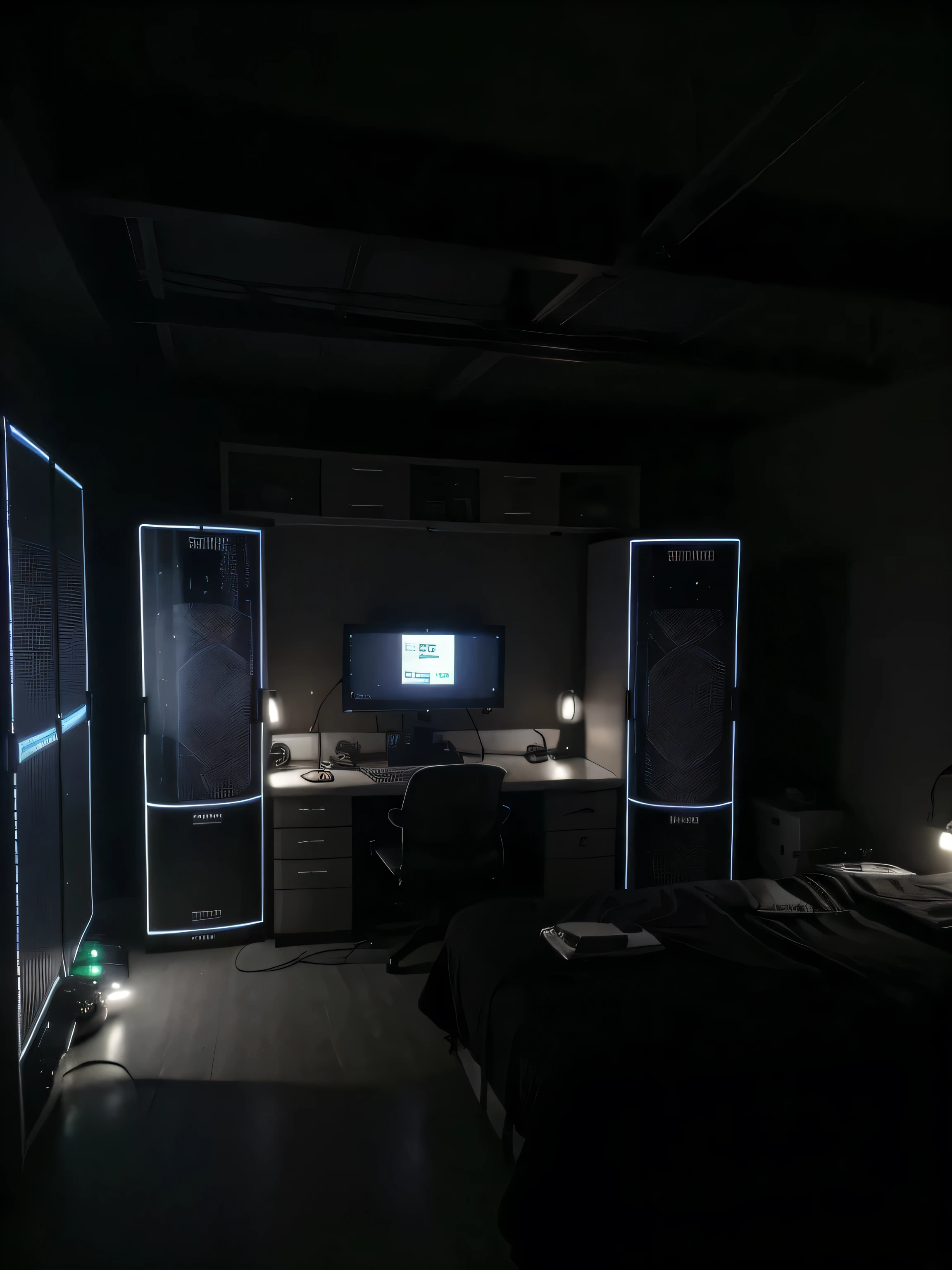 a hacker room that has a large server center with cables and lights, a very robust dedicated server with a lot of technology, dark bedroom, low lighting, ultra realistic detail 8k