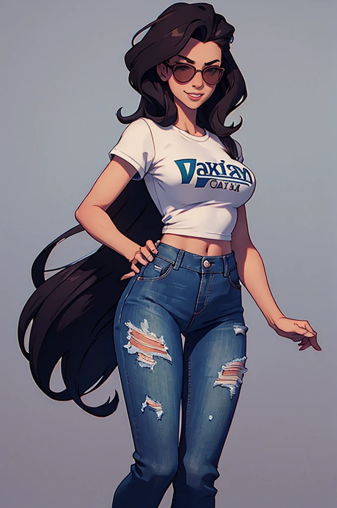 cartoon, tall, American facial features, Gorgeous and sultry, busty, happy, dark long brunette, straight hair, sharp facial features, big smile, white teeth, slim athletic, large breasts and a long face, wearing sunglasses, dark blue ripped jeans, green ice hockey shirt.