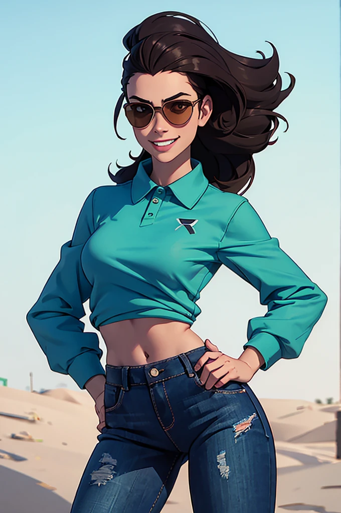 cartoon, tall, American facial features, Gorgeous and sultry, busty, happy, dark long brunette, straight hair, sharp facial features, big smile, white teeth, slim athletic, large breasts and a long face, wearing sunglasses, dark blue ripped jeans, green ice hockey shirt.