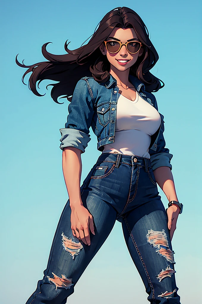 cartoon, tall, American facial features, Gorgeous and sultry, busty, happy, dark long brunette, straight hair, sharp facial features, big smile, white teeth, slim athletic, large breasts and a long face, wearing sunglasses, dark blue ripped jeans, green ice hockey shirt.