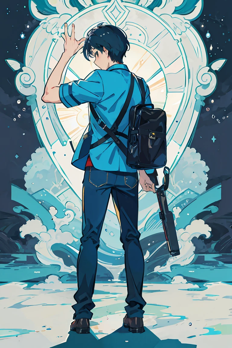 (good image quality)Image of a 15 year old boy, With , standing with your back, in front of a school.