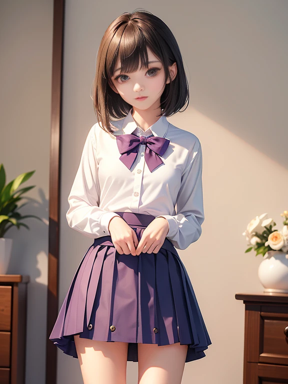 (masterpiece、Highest quality:1.7)、(11 years old:1.7)、(Above the knee shot:1.5)、Bobcut、Black Hair、85mm、16K、Official Art、RAW Photos、Best Beautiful Faces、Close-up、Violet、Gardenia、((The best beautiful girl、very cute))、Red blush on cheeks、indoor、(Are standing:1.8)、Film Grain、Chromatic Aberration、Sharp Focus、(((Nice hands、Perfect hands、Perfect Fingers、Thin and delicate fingers、A perfect body without flaws)))、Detailed face、(Slender body:1.5)、(Slender body:1.4)、(Slim upper body:1.4)、(Small breasts:1.9)、(Let your bangs hang down:1.8)、(Blushing:1.8)、(Low contrast lighting:1.2)、(White tight business blouse with collar:1.5)、(White bow tie blouse:1.5)、(Long sleeve: 1.3)、(A very short white pleated mini skirt:1.5)、(Eyes closed:1.5),Thigh focus,(skirt lift:1.7)