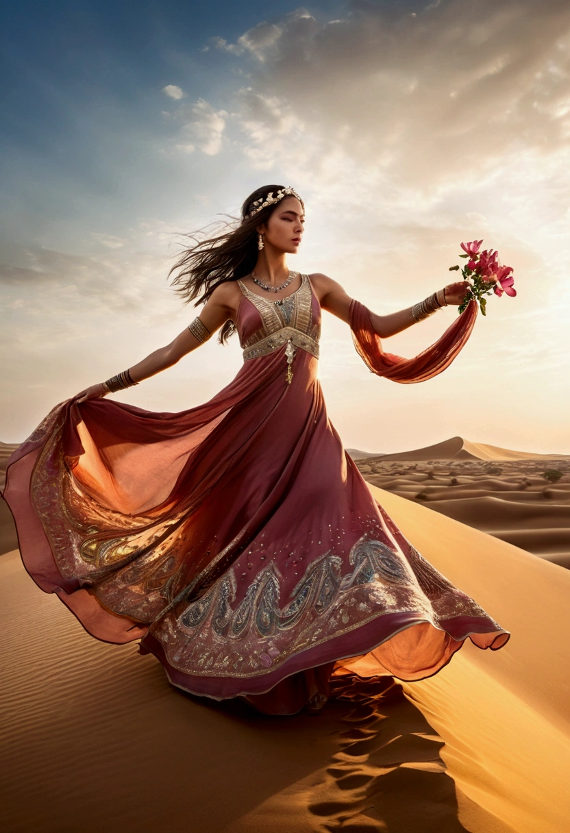 (a Desert Princess), dressed in a magnificent robe and adorned with a golden headdress rides a beautifully decorated camel through sand dunes, carrying water bags and supplies on its back. The princess held a golden scepter, guiding the way forward, with confidence and courage on her face. The background is endless desert and scorching sun, full body, (Photography), panoramic view, award-winning, cinematic still, emotional, vignette, dynamic, vivid, (masterpiece, best quality, Professional, perfect composition, very aesthetic, absurdres, ultra-detailed, intricate details:1.3)