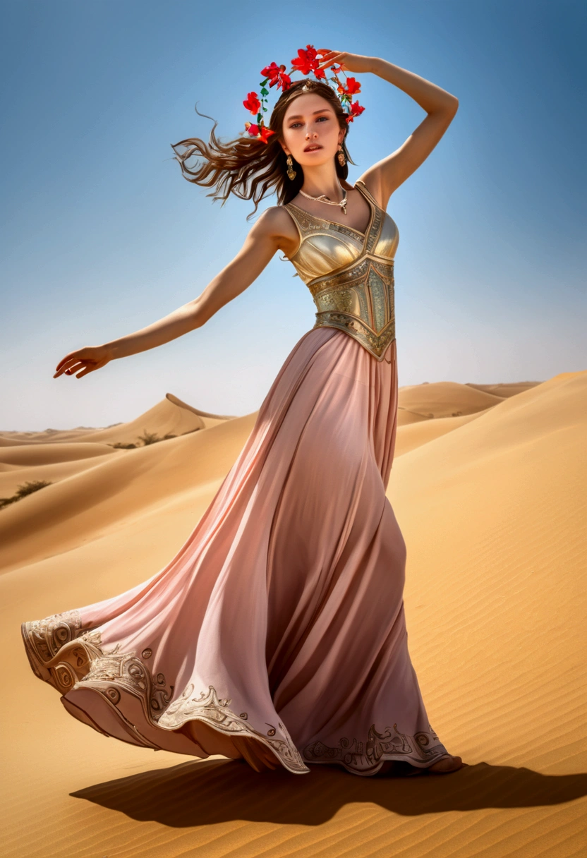 (a Desert Princess), standing on the top of the sand dune, dressed in a flowing long dress, with her skirt dancing in the wind like flowers blooming in the desert. The gemstones embedded in her headdress shone in the sunshine, and she held a desert rose in her hand, symbolizing a tough and beautiful image. The background was a vast desert and a clear sky, full body, (Photography), panoramic view, award-winning, cinematic still, emotional, vignette, dynamic, vivid, (masterpiece, best quality, Professional, perfect composition, very aesthetic, absurdres, ultra-detailed, intricate details:1.3)